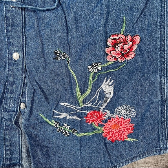 Divided H&M Denim Shirt Dress  Floral Embroidery Size 2 long sleeve - Picture 3 of 6